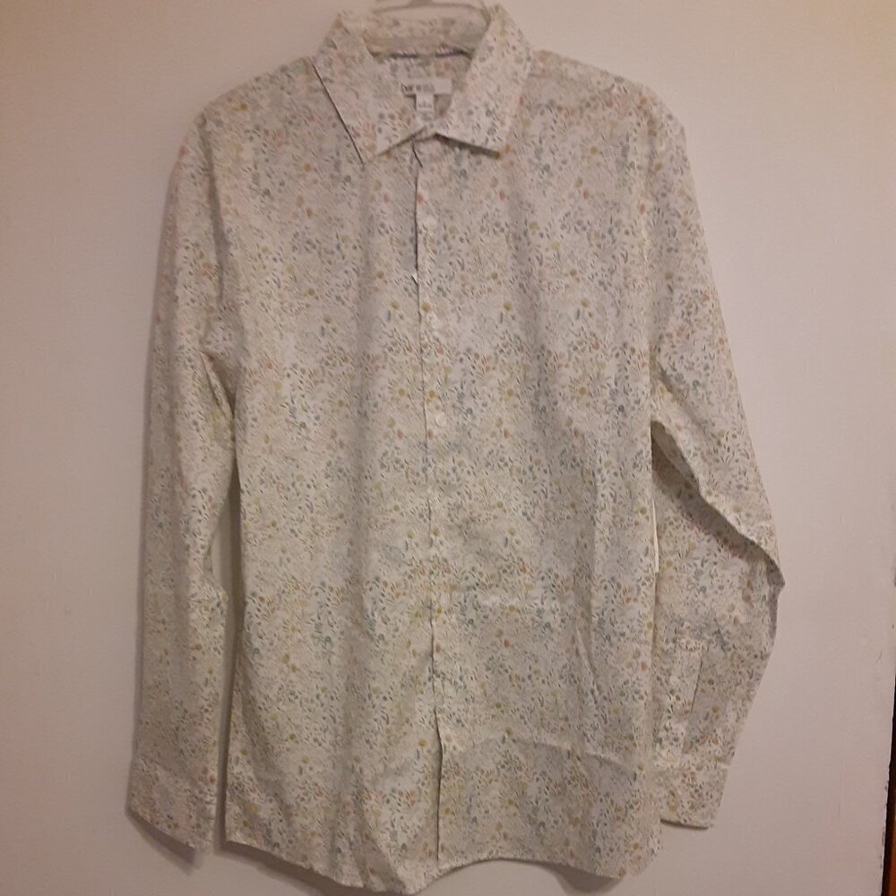 BAR III Men's (L 16 - 16.5) White Shirt w/Blue & Beige Flowers & Long Sleeves.